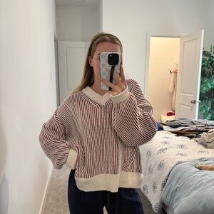 Aerie NWT Striped V-Neck Sweater - Cream and Red XS oversized
